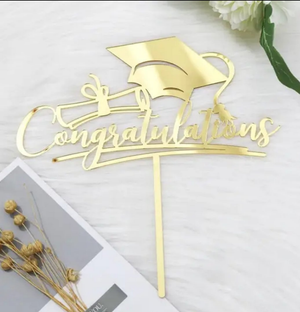 "CONGRATULATIONS" W/ Graduation Cap Cake Topper (Gold)
