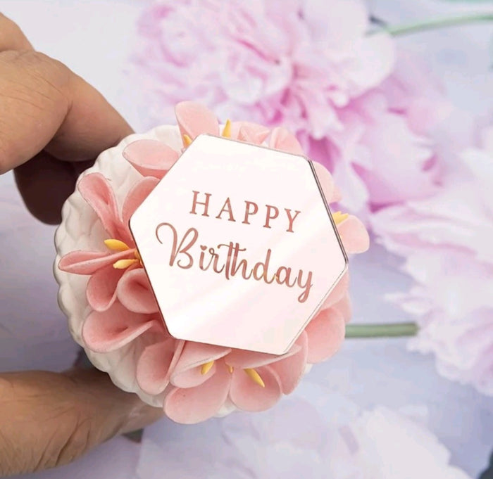 “HAPPY BIRTHDAY” Acrylic Disc Hexagon Topper (ROSE GOLD)