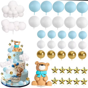 Blue & White Themed Teddy Bear Cake Topper Set