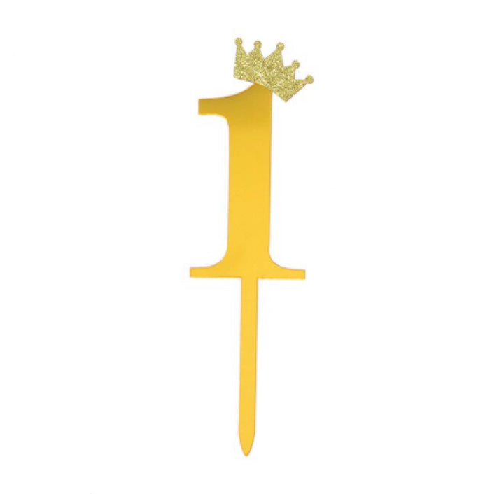 "1" Acrylic Gold Cake Topper w/ Crown (small)