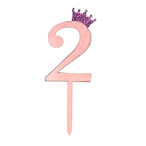 "2" Acrylic Pink Cake Topper w/ Crown