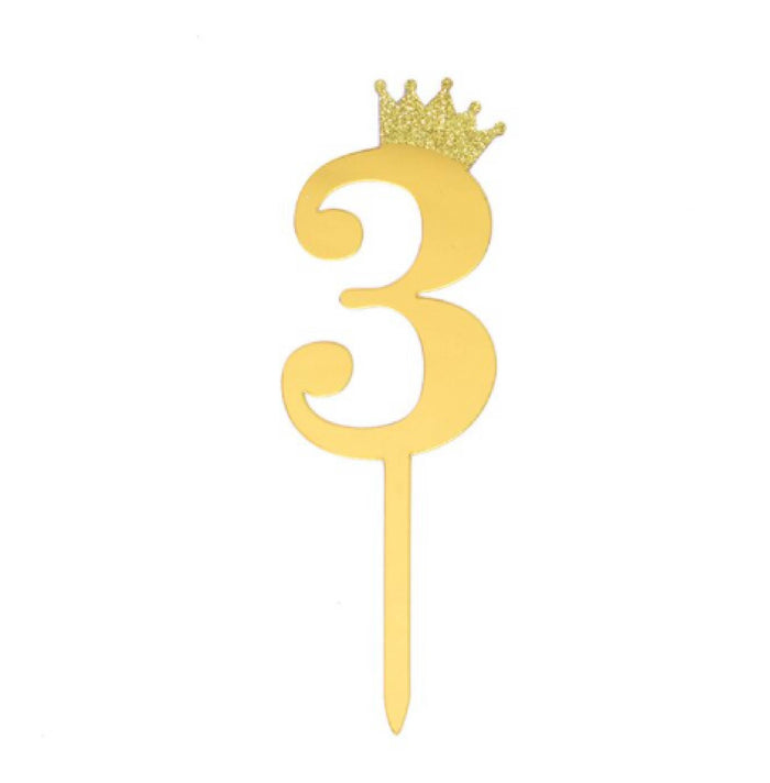 "3" Acrylic Gold Cake Topper w/ Crown (Small)