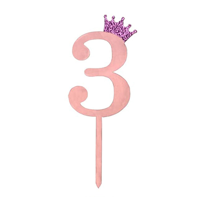 "3" Acrylic Pink Cake Topper w/ Crown