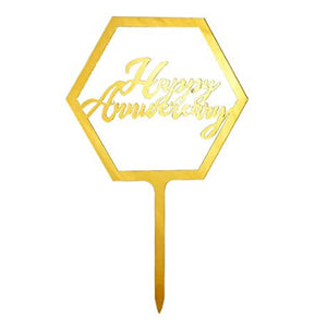 Gold Happy Anniversary in Hexagon Cake Topper
