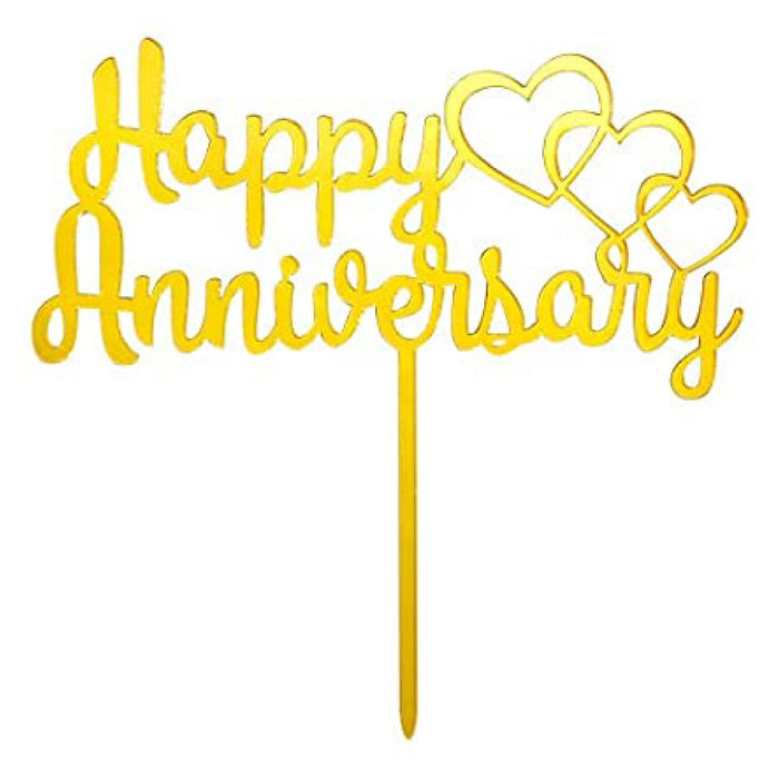 Gold Happy Anniversary with Three Hearts Cake Topper