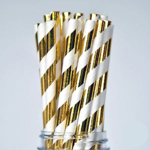 Striped Patterned Paper Straws: Gold Foil