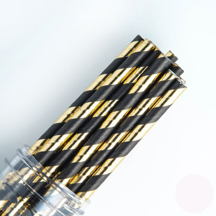Striped Patterned Paper Straws: Black/ Gold Foil