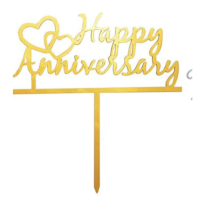 Gold Happy Anniversary with Two Hearts Cake Topper