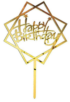 Gold Happy Birthday Topper w/ interlocking squares & stars