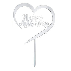 Silver Happy Anniversary in Heart Cake Topper
