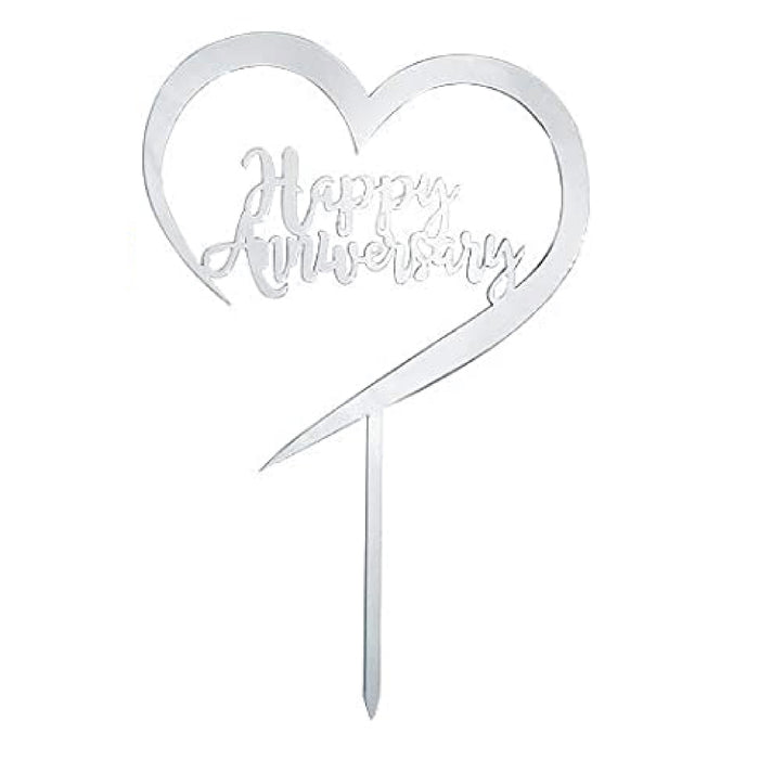 Silver Happy Anniversary in Heart Cake Topper