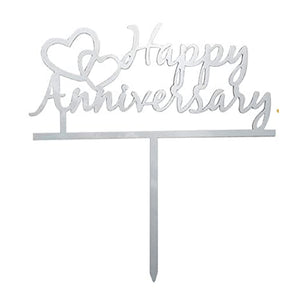 Silver Happy Anniversary with Two Hearts Cake Topper