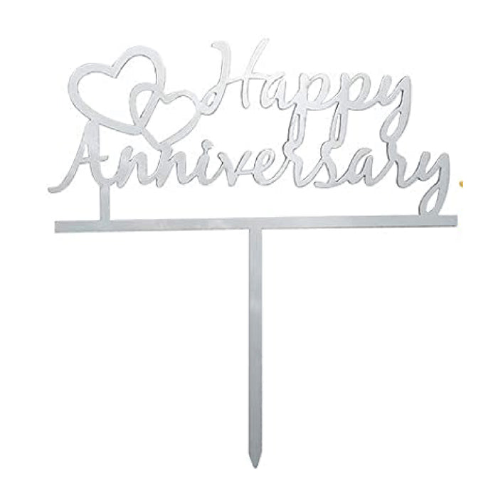 Silver Happy Anniversary with Two Hearts Cake Topper