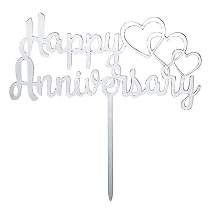Silver Happy Anniversary with Three Hearts Cake Topper