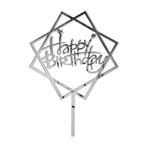 Silver Happy Birthday Topper w/ interlocking squares & stars